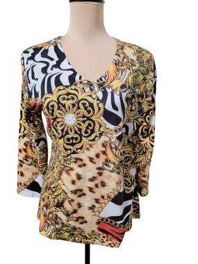 Pierri New York Size L Mixed Animal Print V Neck Top, NEW with Tag